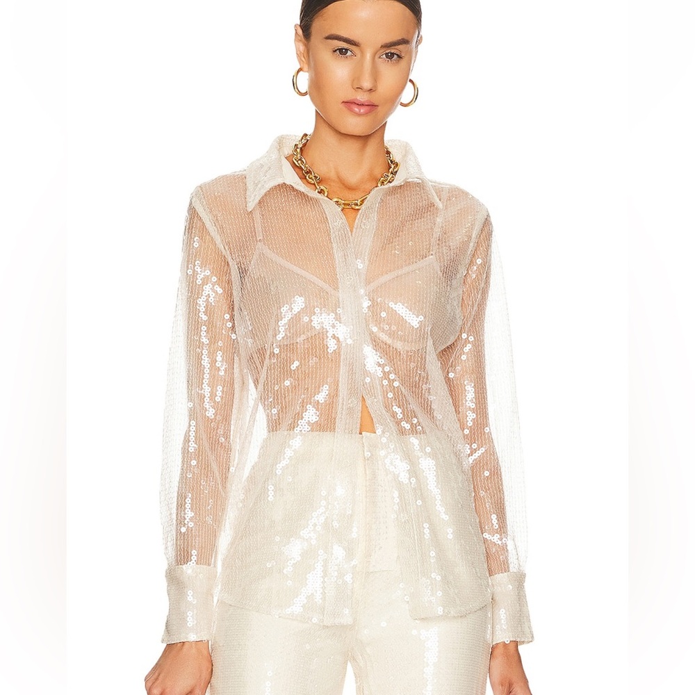NWOT More to Come Wyatt Button Down in Nude sequins top